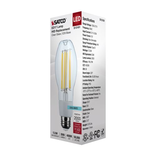 Main product image of 13.5W LED HID Replacement, ED17, 4000K, Medium Base, Clear, 120-277V