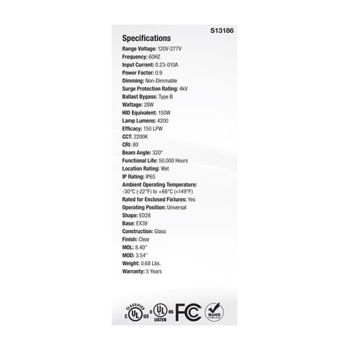 Main product image of 28W LED HID Replacement, ED28, 2200K, Extended Mogul Base, Clear, 120-277V
