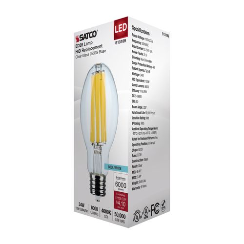 Main product image of 34W LED HID Replacement, ED28, 4000K, Extended Mogul Base, Clear, 120-277V