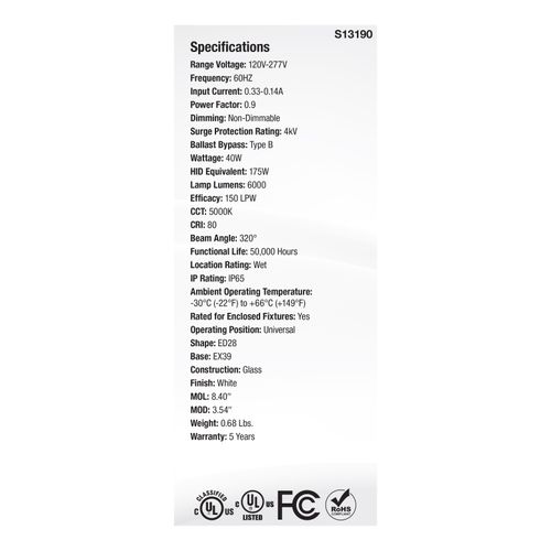 Main product image of 40W LED HID Replacement, ED28, 5000K, Extended Mogul Base, White, 120-277V