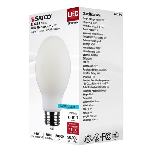 Main product image of 40W LED HID Replacement, ED28, 5000K, Extended Mogul Base, White, 120-277V
