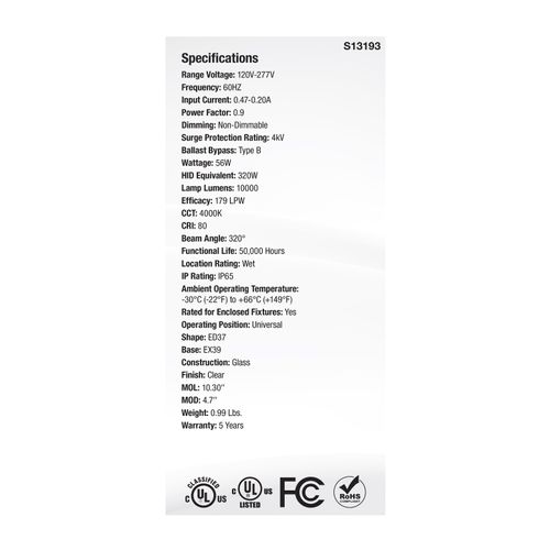 Main product image of 56W LED HID Replacement, ED37, 4000K, Extended Mogul Base, Clear, 120-277V