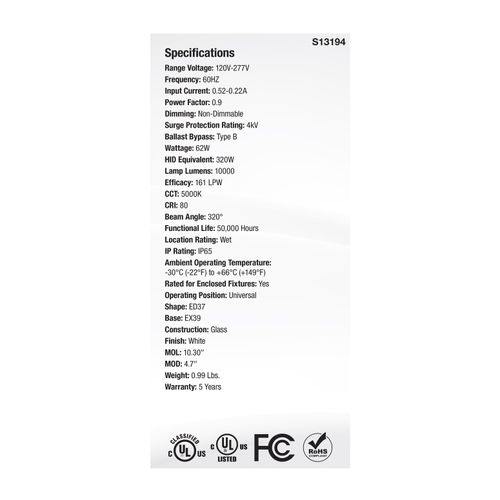 Main product image of 62W LED HID Replacement, ED37, 5000K, Extended Mogul Base, White, 120-277V