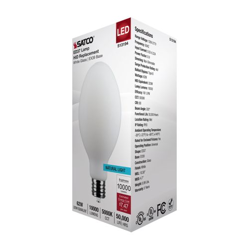 Main product image of 62W LED HID Replacement, ED37, 5000K, Extended Mogul Base, White, 120-277V