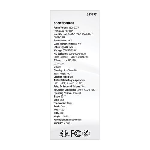 Main product image of 60/68/85Wage Selectable LED HID Replacement, ED37, 5000K, Mogul Extended Base, Clear, 120-277V