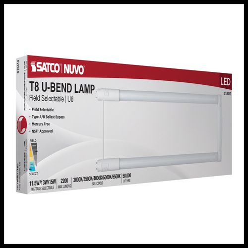 Main product image of 11.5/13/15Wage Selectable T8 U-Bend LED, 30K/35K/40K/50K/65K CCT Selectable, 6", Frost Finish, 120-277V (12 Pack)