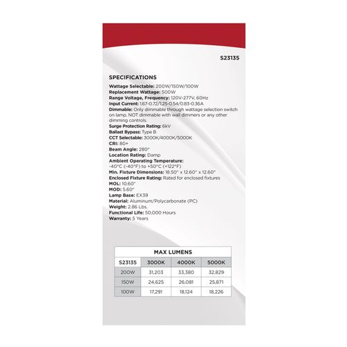 Main product image of 200/150/100W, 30K/40K/50K CCT, Field Selectable LED, Corncob, Mogul Extended Base, 120-277V, 500W HID Replacement