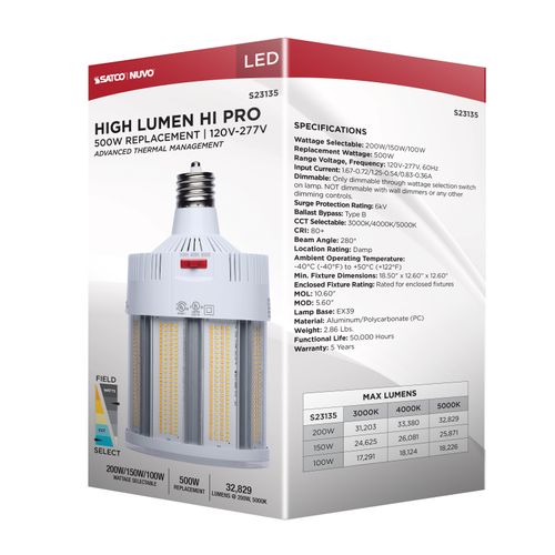 Main product image of 200/150/100W, 30K/40K/50K CCT, Field Selectable LED, Corncob, Mogul Extended Base, 120-277V, 500W HID Replacement