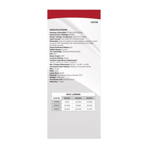 Main product image of 270/200/135W, 30K/40K/50K CCT, Field Selectable LED, Corncob, Mogul Extended Base, 120-277V, 600W HID Replacement