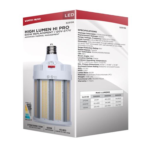 Main product image of 270/200/135W, 30K/40K/50K CCT, Field Selectable LED, Corncob, Mogul Extended Base, 120-277V, 600W HID Replacement