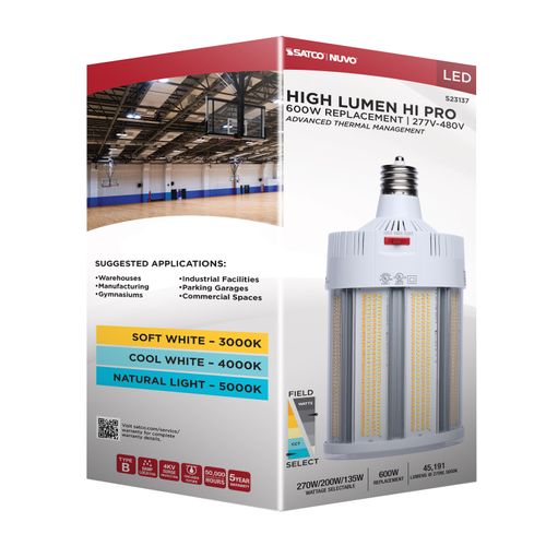 Main product image of 270/200/135W, 30K/40K/50K CCT, Field Selectable LED, Corncob, Mogul Extended Base, 277-480V, 600W HID Replacement