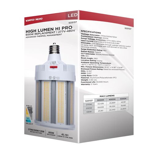 Main product image of 270/200/135W, 30K/40K/50K CCT, Field Selectable LED, Corncob, Mogul Extended Base, 277-480V, 600W HID Replacement
