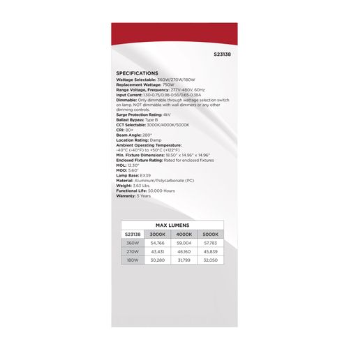 Main product image of 360/270/180W, 30K/40K/50K CCT, Field Selectable LED, Corncob, Mogul Extended Base, 277-480V, 750W HID Replacement