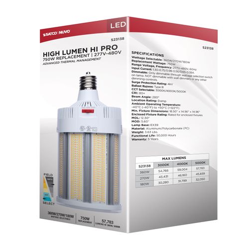 Main product image of 360/270/180W, 30K/40K/50K CCT, Field Selectable LED, Corncob, Mogul Extended Base, 277-480V, 750W HID Replacement