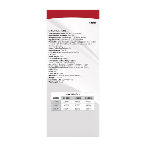 Main product image of 450/338/225W, 30K/40K/50K CCT, Field Selectable LED, Corncob, Mogul Extended Base, 277-480V, 1000W HID Replacement
