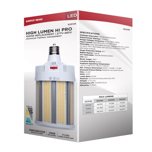 Main product image of 450/338/225W, 30K/40K/50K CCT, Field Selectable LED, Corncob, Mogul Extended Base, 277-480V, 1000W HID Replacement