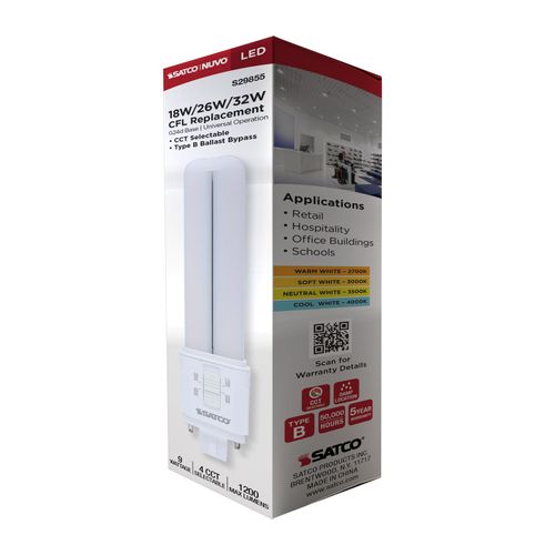 Main product image of 9W LED PL, 27K/3K/35K/4K CCT Selectable, G24d Base, Type B, 120-277V (24 Pack)
