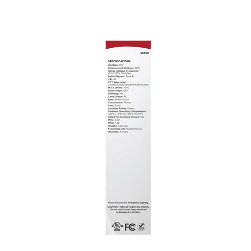 Main product image of 8W LED PL, GU24 Base, 27K/30K/35K/40K/50K CCT Selectable, Type B Ballast Bypass, 120-277V (10 Pack)