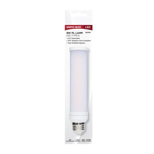 Main product image of 8W LED PL, E26 Base, 27K/30K/35K/40K/50K CCT Selectable, Type B Ballast Bypass, 120-277V (10 Pack)