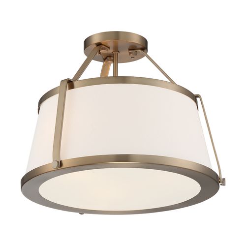 Main product image of Cutty 3 Light Semi-Flush Fixture Burnished Brass Finish w/ White Fabric Shade