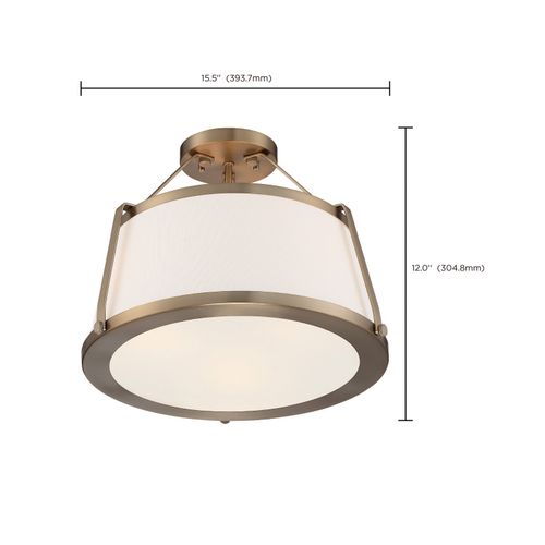 Main product image of Cutty 3 Light Semi-Flush Fixture Burnished Brass Finish w/ White Fabric Shade