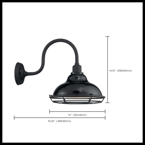 Main product image of Newbridge 1 Light Large Outdoor Wall Sconce Fixture Gloss Black Finish w/ Silver and Textured Black Accents