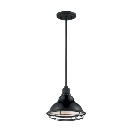 Main product image of Newbridge 1 Light Small Pendant Fixture Gloss Black Finish w/ Silver and Textured Black Accents