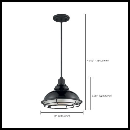 Main product image of Newbridge 1 Light Large Pendant Fixture Gloss Black Finish w/ Silver and Textured Black Accents