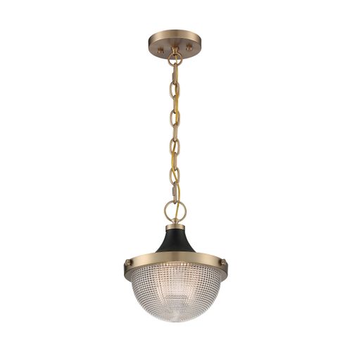 Main product image of Faro 1 Light Small Pendant Fixture Burnished Brass Finish w/ Black Accents Clear Prismatic Glass