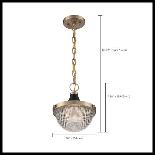Main product image of Faro 1 Light Small Pendant Fixture Burnished Brass Finish w/ Black Accents Clear Prismatic Glass