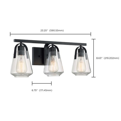 Main product image of Skybridge 3 Light Vanity Fixture Matte Black Finish w/ Clear Glass