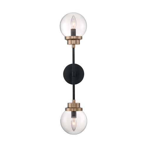 Main product image of Axis 2 Light Wall Sconce Fixture Matte Black Finish w/ Brass Accents Clear Glass