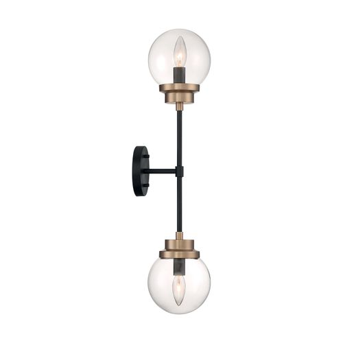 Main product image of Axis 2 Light Wall Sconce Fixture Matte Black Finish w/ Brass Accents Clear Glass