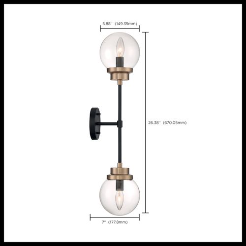Main product image of Axis 2 Light Wall Sconce Fixture Matte Black Finish w/ Brass Accents Clear Glass