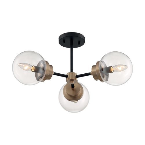 Main product image of Axis 3 Light Semi-Flush Fixture Matte Black Finish w/ Brass Accents Clear Glass