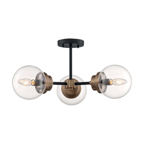 Main product image of Axis 3 Light Semi-Flush Fixture Matte Black Finish w/ Brass Accents Clear Glass
