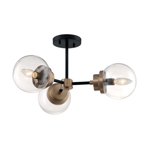 Main product image of Axis 3 Light Semi-Flush Fixture Matte Black Finish w/ Brass Accents Clear Glass