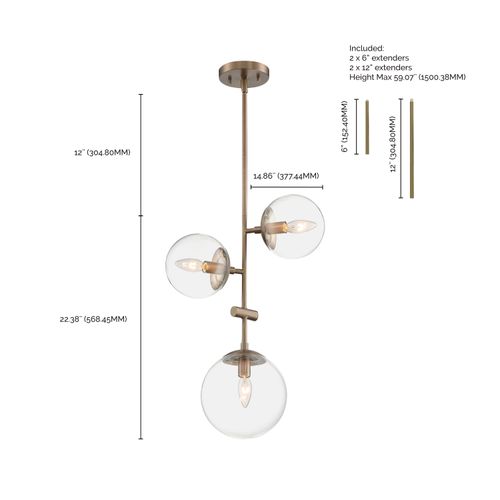 Main product image of Sky 3 Light Pendant Fixture Burnished Brass Finish Clear Glass