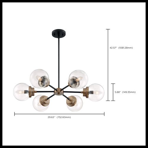 Main product image of Axis 6 Light Chandelier Fixture Matte Black Finish w/ Brass Accents Clear Glass