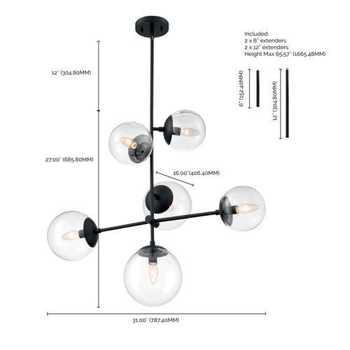 Main product image of Sky 6 Light Pendant Fixture Matte Black Finish Clear Glass