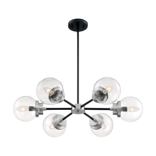 Main product image of Axis 6 Light Chandelier Fixture Matte Black Finish w/ Brushed Nickel Accents Clear Glass