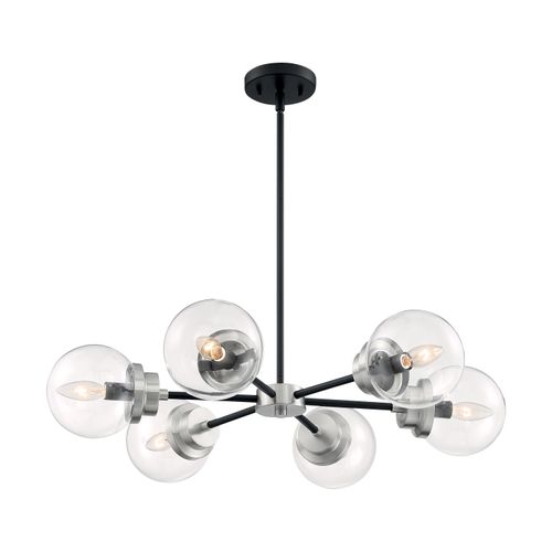 Main product image of Axis 6 Light Chandelier Fixture Matte Black Finish w/ Brushed Nickel Accents Clear Glass