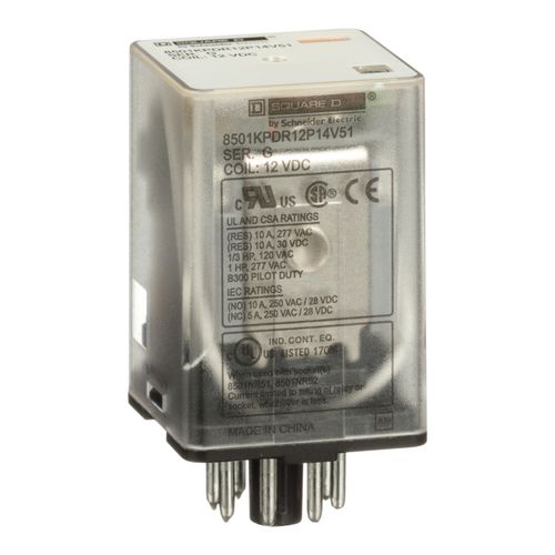 Main product image of Plug-In Relay, Type KP, Tubular, 8-Pin, DPDT, 2NO/2NC, 10A, 12 VDC Coil, 8501KPDR12P14V51