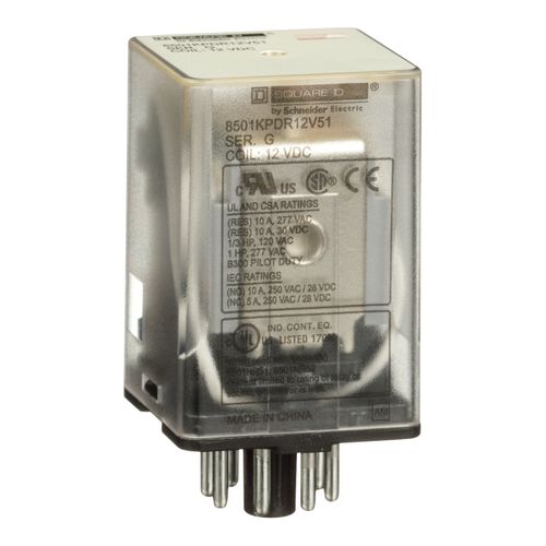 Main product image of Plug-In Relay, Type KP, Tubular, 8-Pin, DPDT, 2NO/2NC, 10A, 12 VDC Coil, 8501KPDR12V51