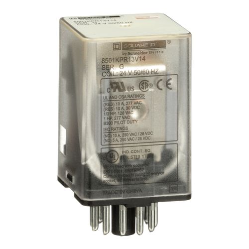 Main product image of Plug-In Relay, Type KP, Tubular, 11-Pin, 3PDT, 3NO/3NC, 10A, 24 VAC Coil, 8501KPR13V14
