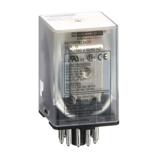 Main product image of Plug-In Relay, Type KP, Tubular, 11-Pin, 3PDT, 3NO/3NC, 10A, 120 VAC Coil, 8501KPR13V20