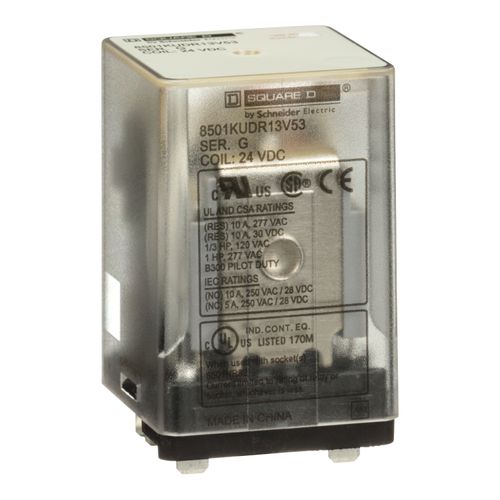 Main product image of Plug-In Relay, Type KU, 11-Blade, 3PDT, 3NO/3NC, 10A, 24 VDC Coil, 8501KUDR13V53