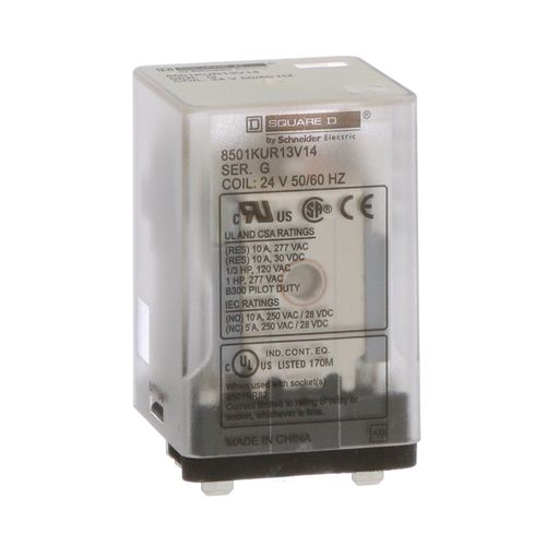 Main product image of Plug-In Relay, Type KU, 11-Blade, 3PDT, 3NO/3NC, 10A, 24 VAC Coil, 8501KUR13V14