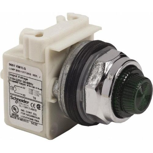 Main product image of 120 VAC Green Lens LED Pilot Light Round Lens, Screw Clamp, 9001KP1LGG31