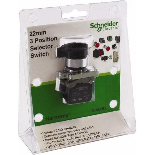 Main product image of Selector Switch with Contact Blocks, 3 Positions, Maintained (MA), Black Lever, XB4AS2